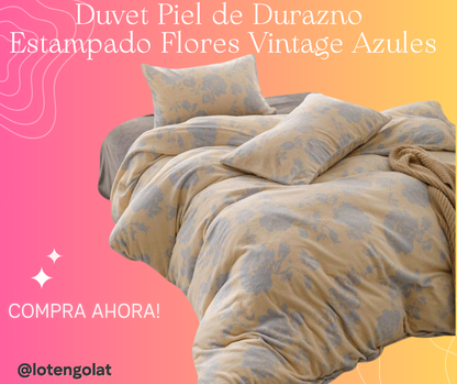 Duvet Piel de Durazno Estampado Flores Vintage Azules + Sábana Plana